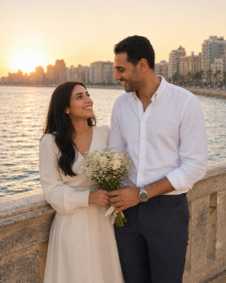 Couple at sunset by the sea